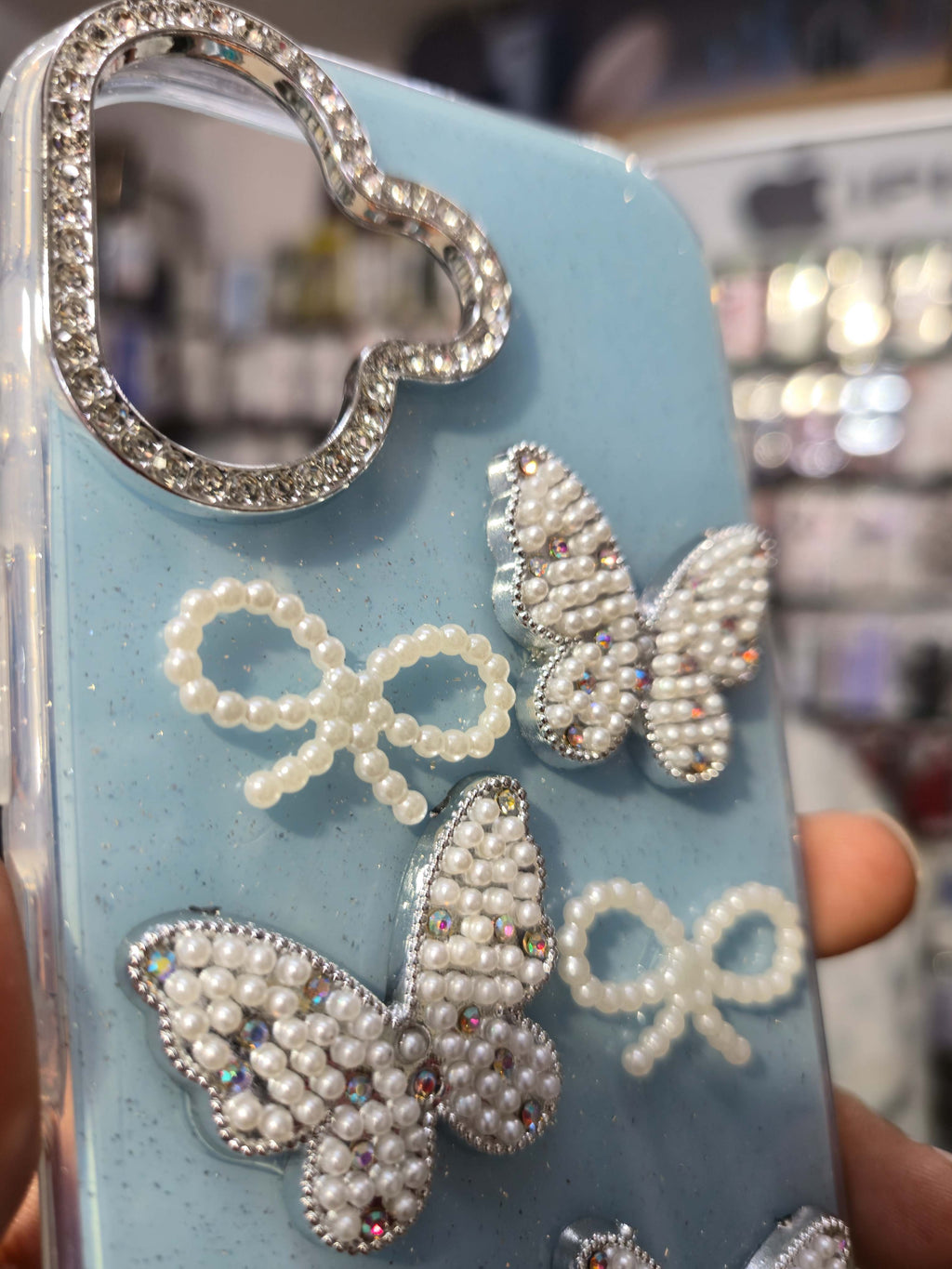 Fashion Butterfly Pearl Premium Back Cover (Sky Blue)