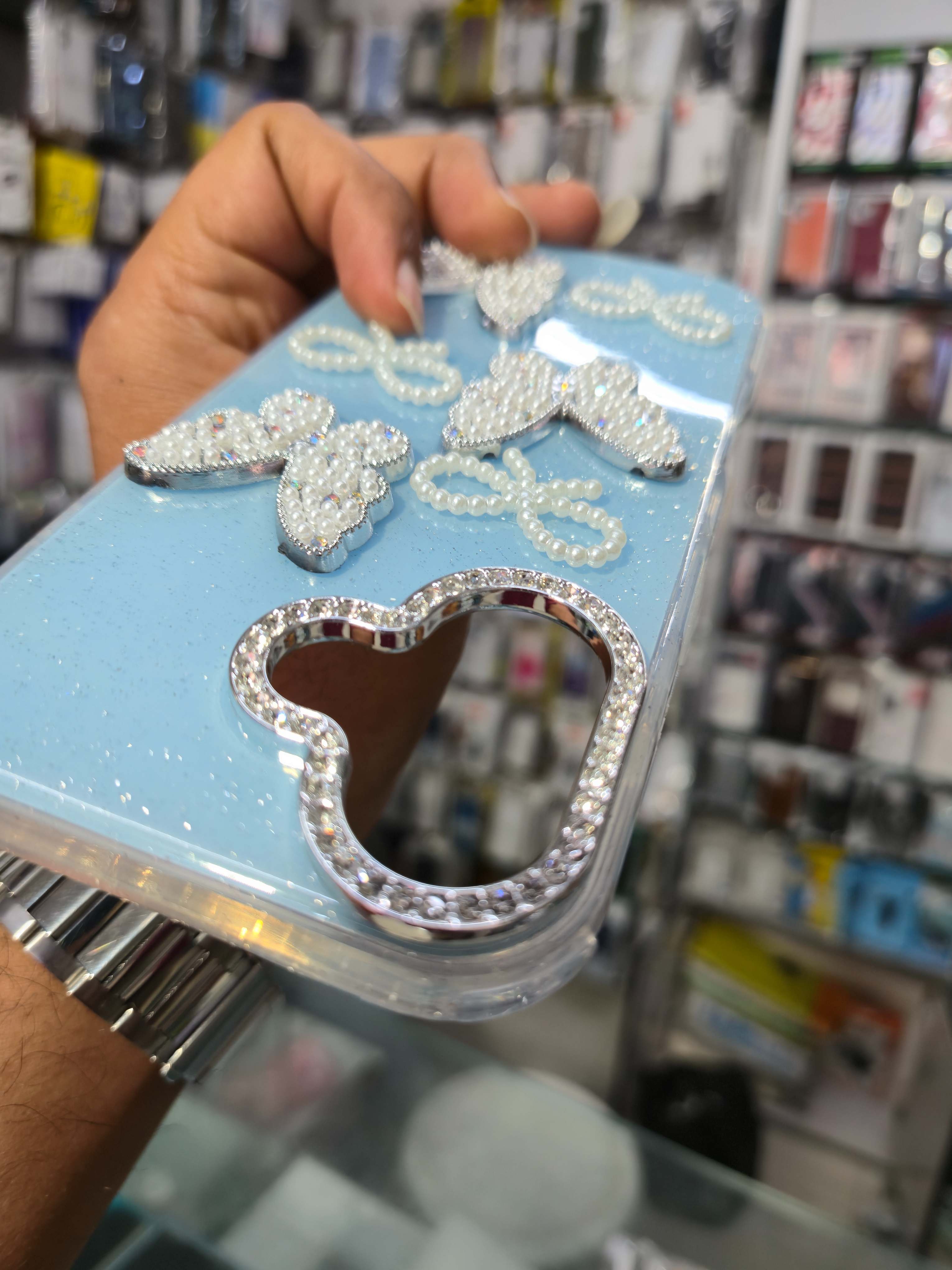 Fashion Butterfly Pearl Premium Back Cover (Sky Blue)