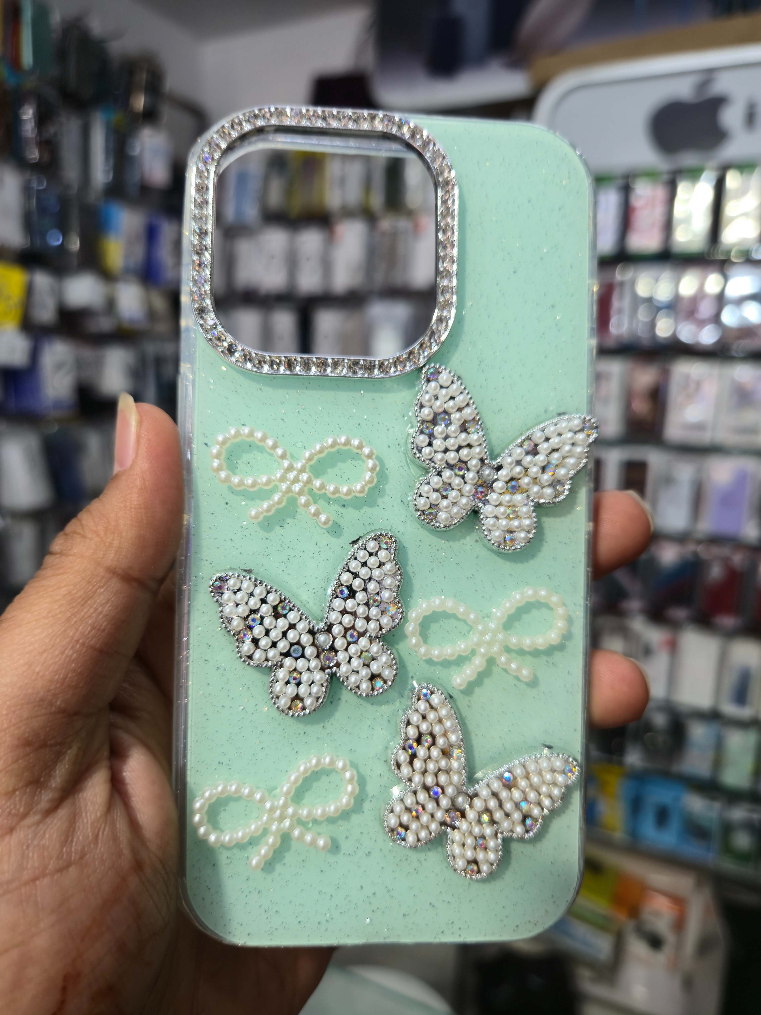 Premium Butterfly Pearl Glitter Back Cover (Mint Green)
