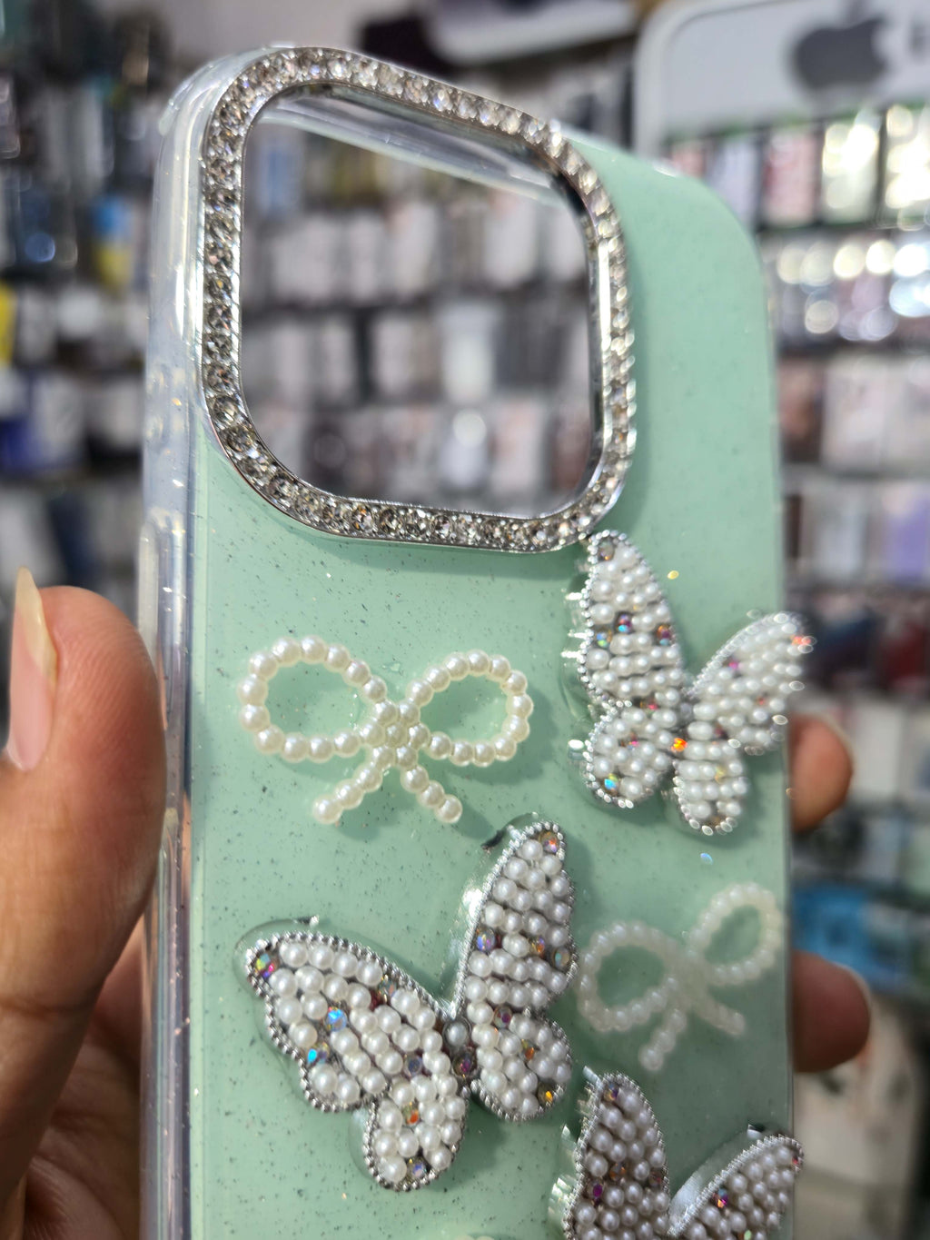 Premium Butterfly Pearl Glitter Back Cover (Mint Green)