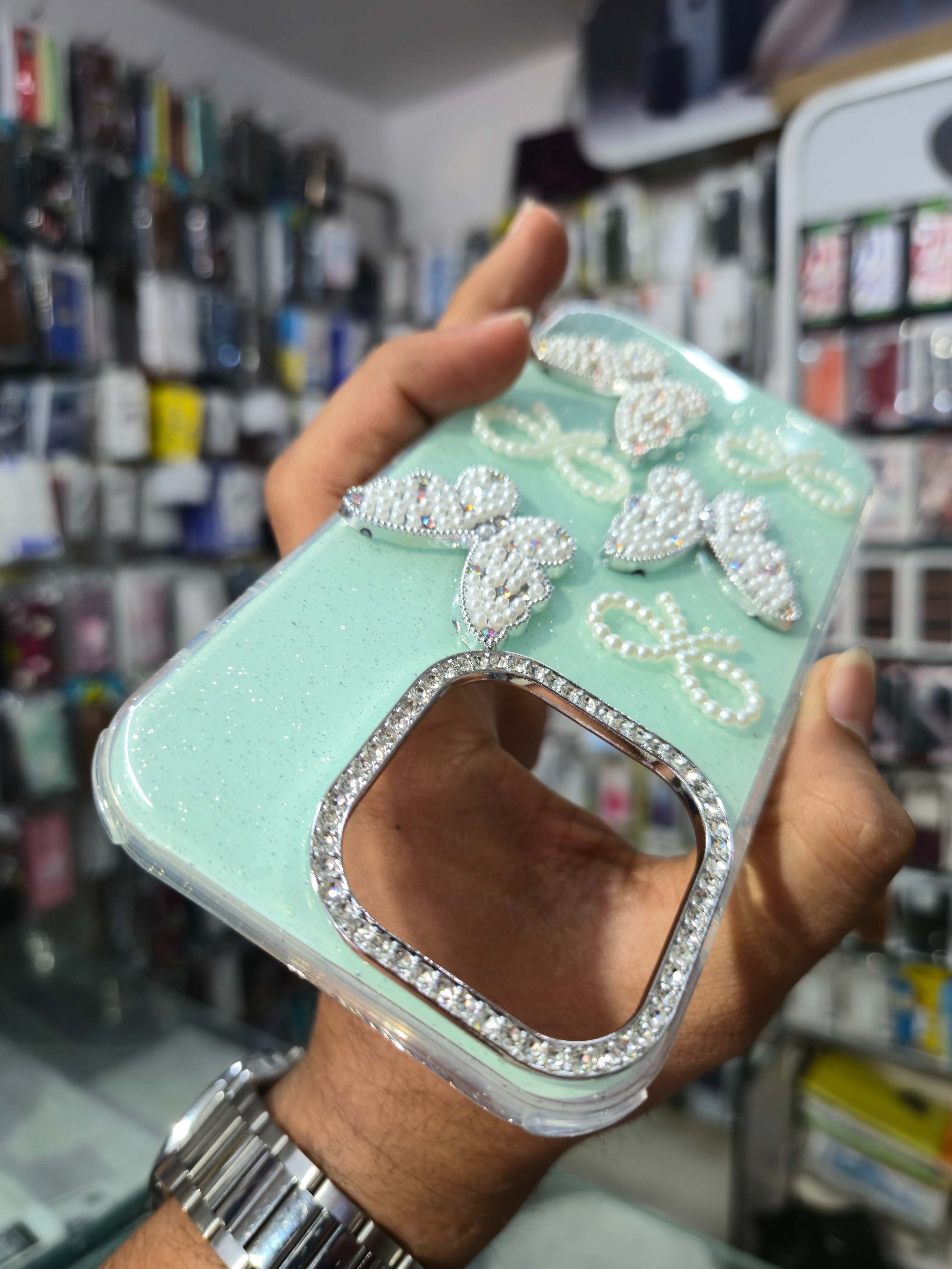 Premium Butterfly Pearl Glitter Back Cover (Mint Green)