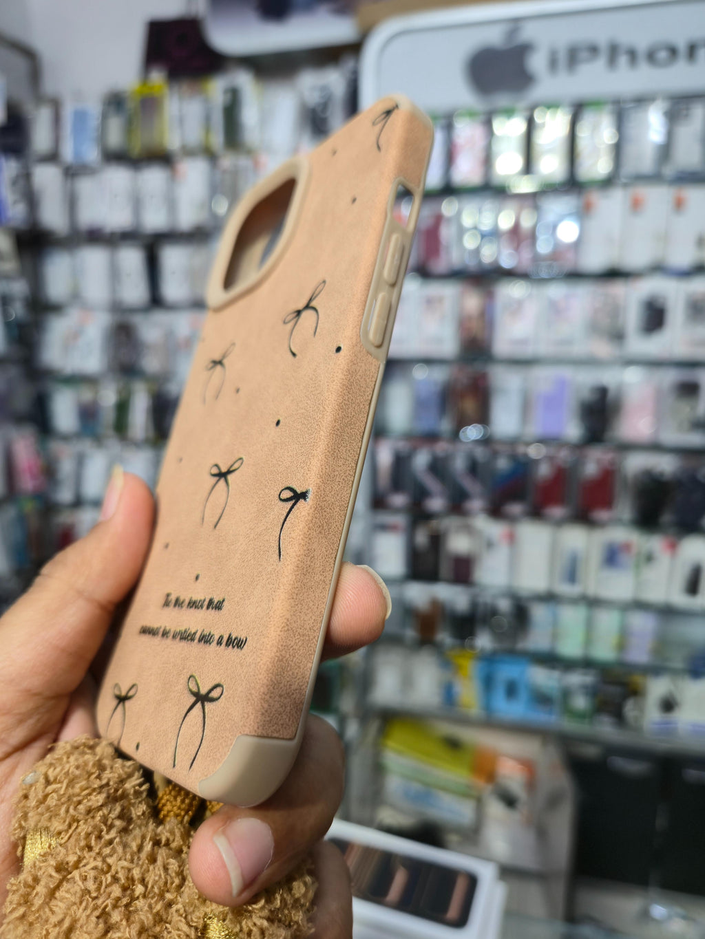 Cute Bow Print Teddy Grip Back Cover (Brown)