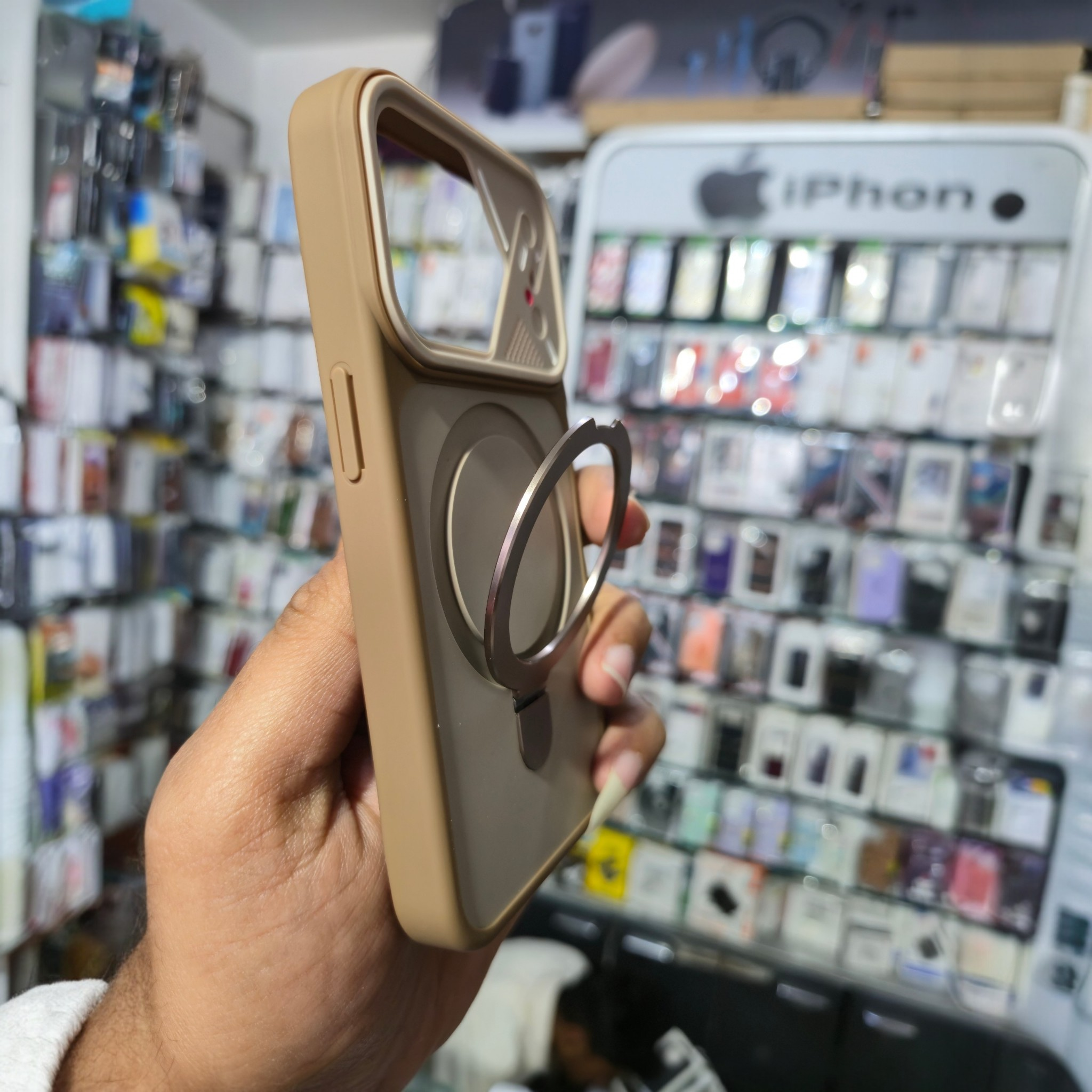 Premium MagSafe Metal Ring Stand Silicone Camera Covered Case – Brown/Beige