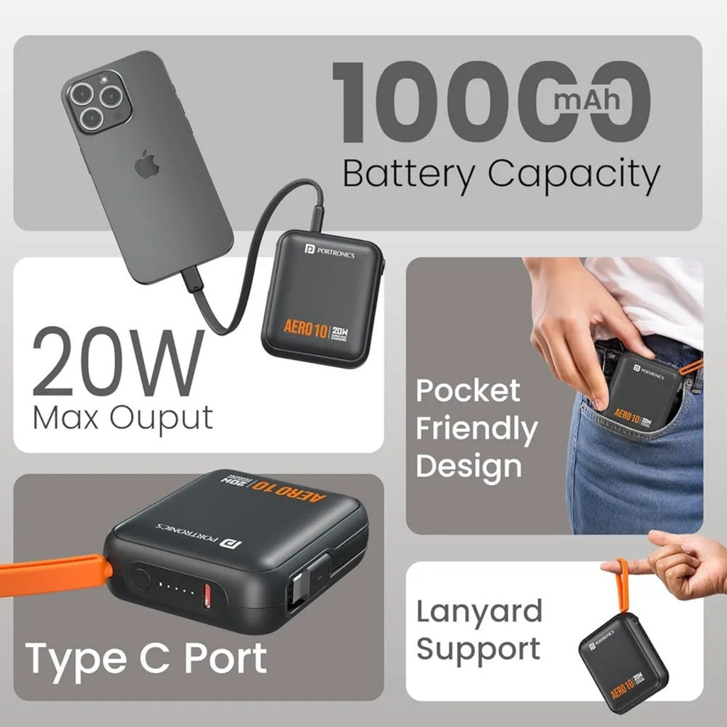 Portronics Aero 10 10000 mAh 20W Fast Charging Mini Power Bank