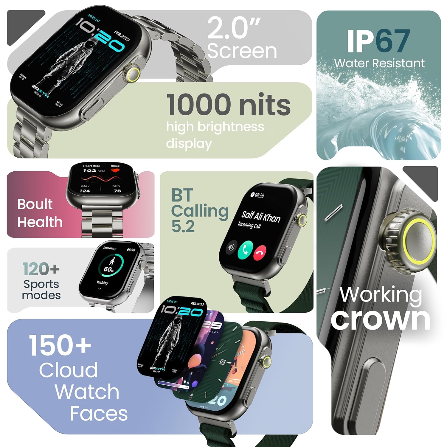 GOBOULT CrownX Smart Watch 2.0''HD Screen, Bluetooth Calling, Working Crown, Metallic Frame, 1000 Nits