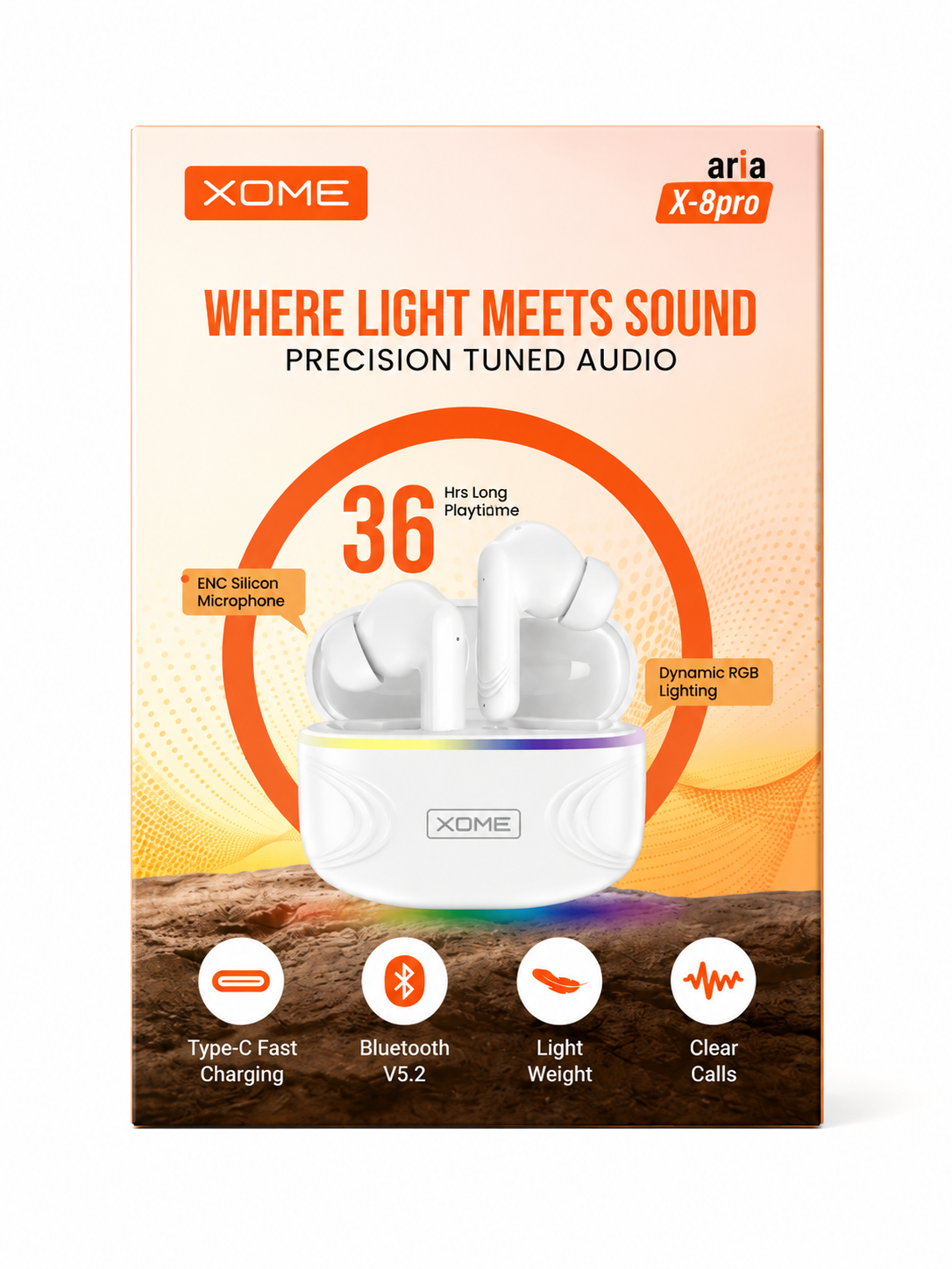 XOME aria X-8pro TWS Earbuds | 36 Hours Playtime, Dynamic RGB Lighting & Bluetooth 5.2