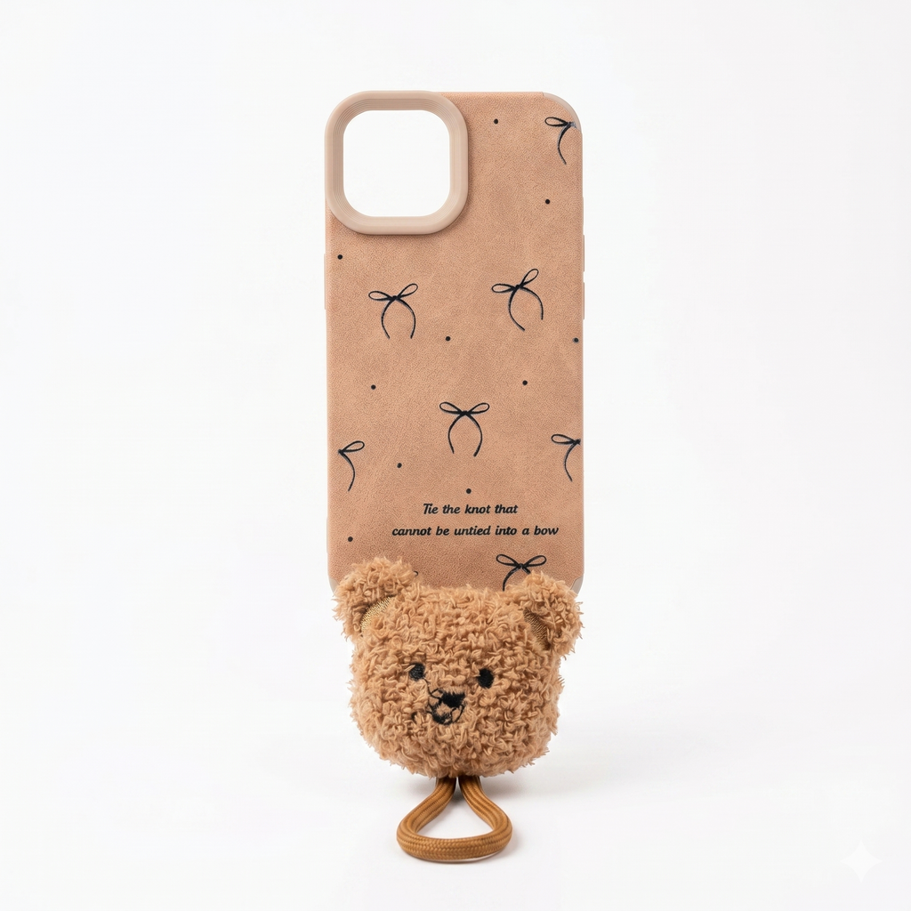 Cute Bow Print Teddy Grip Back Cover (Brown)