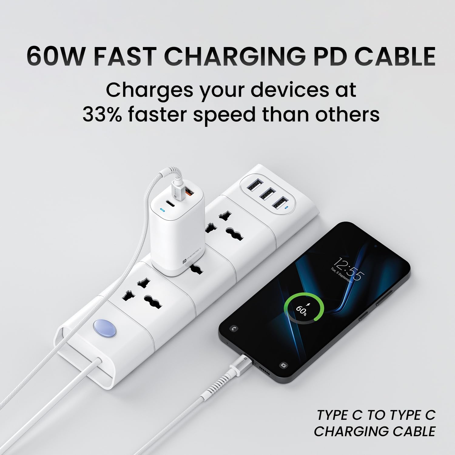 Portronics Konnect X 60W Type C to Type C Unbreakable Nylon Braided Cable