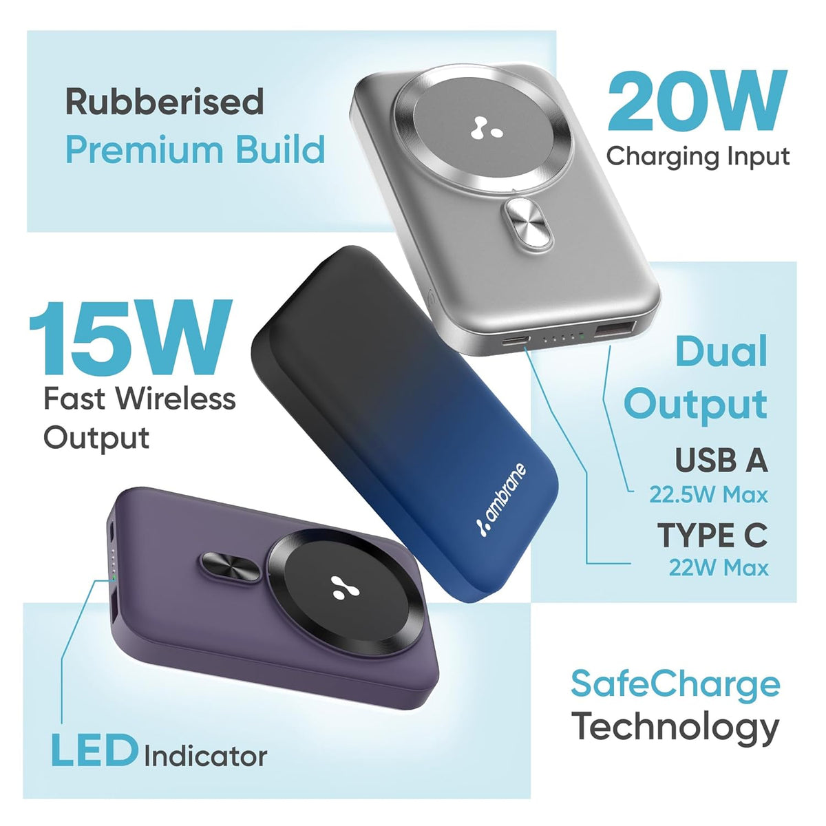 Ambrane Magsafe Wireless 10000Mah Fast Charging USB