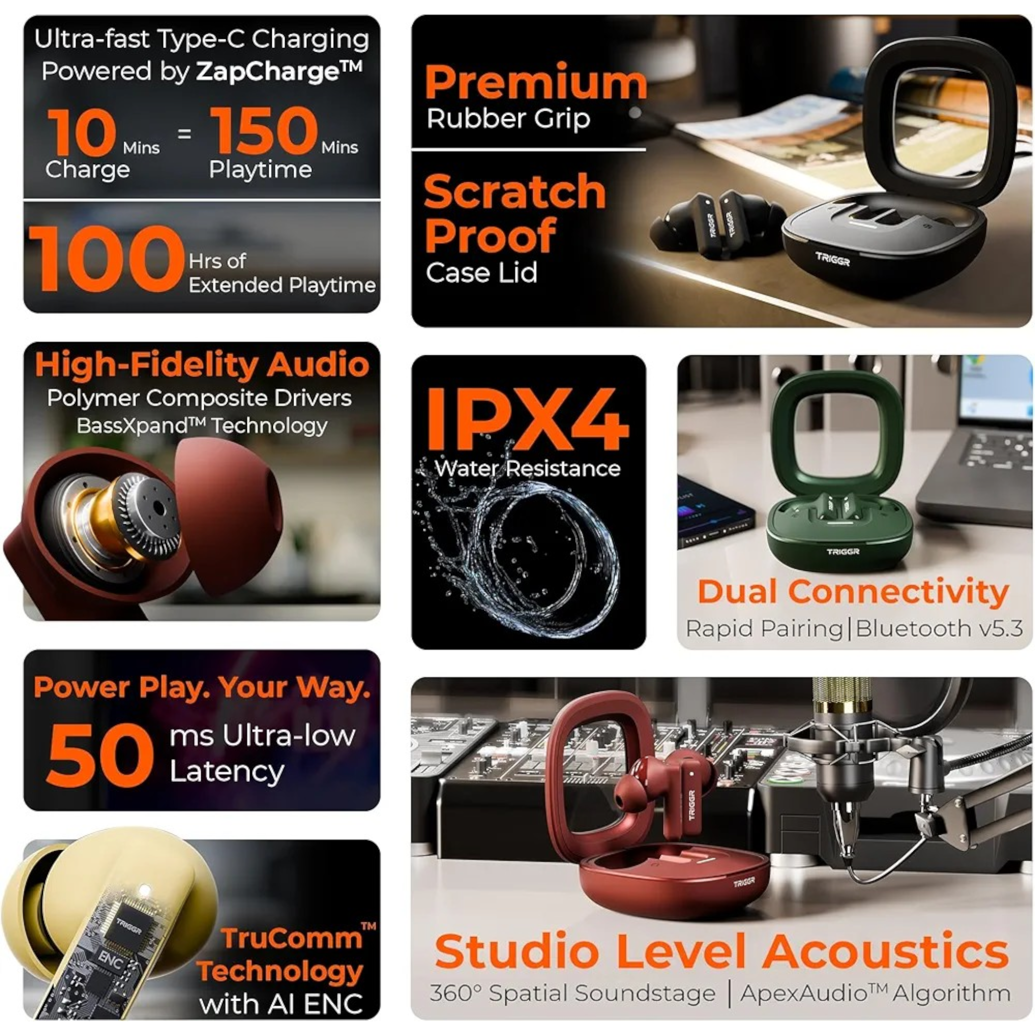 TRIGGR Apex S1 Dual Pairing TWS Earbuds with 100H Battery, Quad Mic ENC, Bluetooth 5.3 & Fast Charging