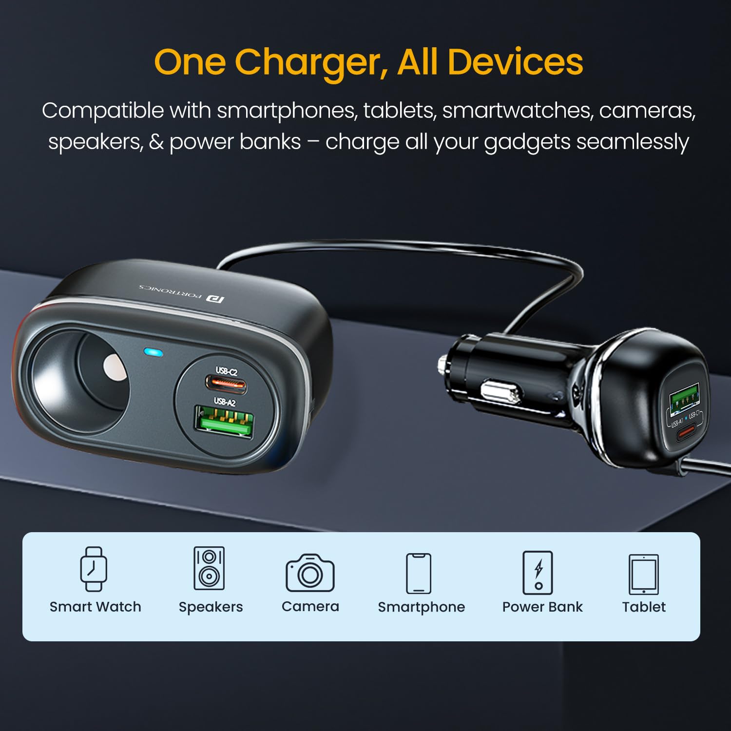 Portronics Car Power Trail 111W Car Charger, 4 Port Fast Car Charger