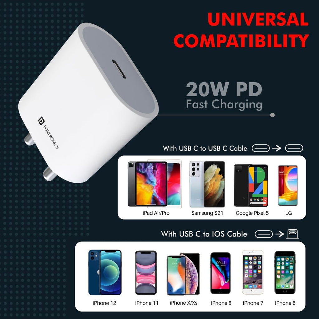 Portronics Adapto 20 Type C 20W Fast PD/Type C Adapter Charger with Fast Charging
