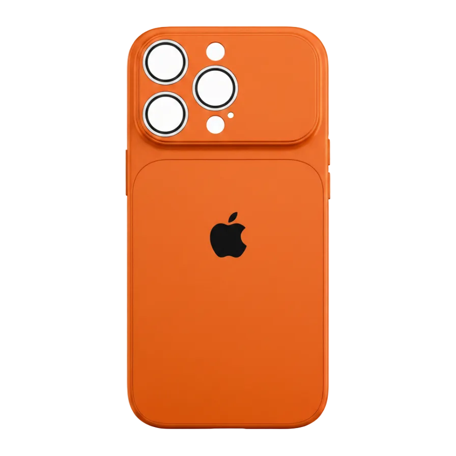 Orange phone case with Apple logo on a white background