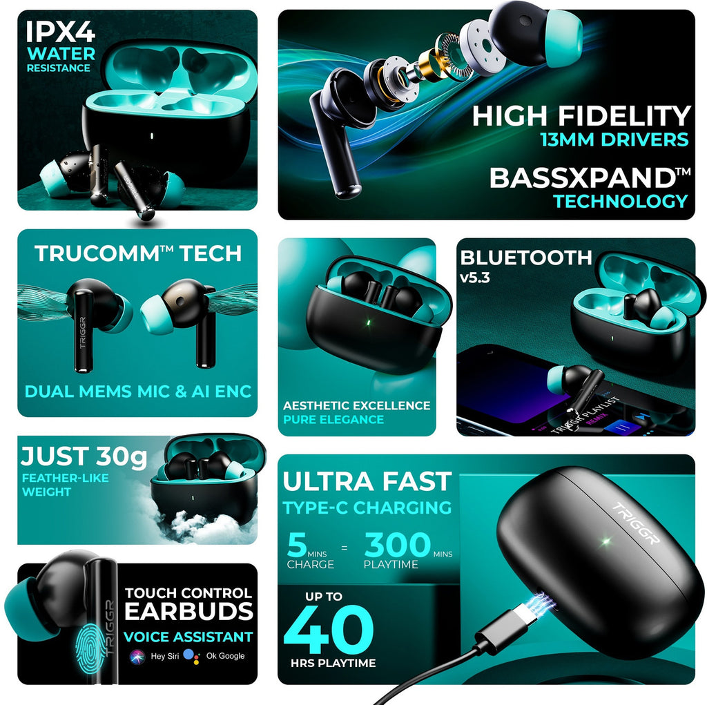 Triggr Ultrabuds N1 Neo ENC Wireless Earbuds | 40H Playback | 13mm Bass Drivers | Fast Charging | Bluetooth 5.3 Black
