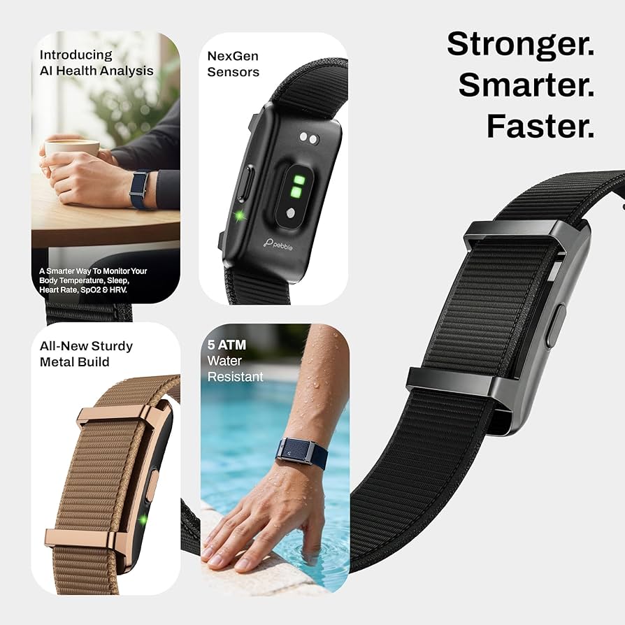 Pebble Newly Launched Qore 2 Premium Metal Fitness Band | 45 Days Battery Life, Heart Rate, SpO2, HRV & Body Temp Monitor, Sleep Tracker, AI Health Analysis, Smart Notifications (Cosmic Black)