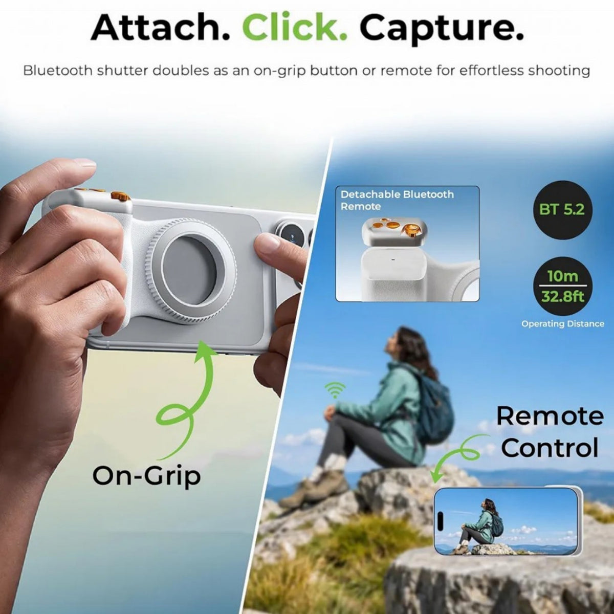 UltraProlink Snap-Z Grip|Magnetic Phone Camera Grip with Detachable Bluetooth Shutter & Zoom Control | MagSafe Compatible DSLR-Style Grip for iPhone & Android|Remote Selfie Shutter|UM1273|Wht