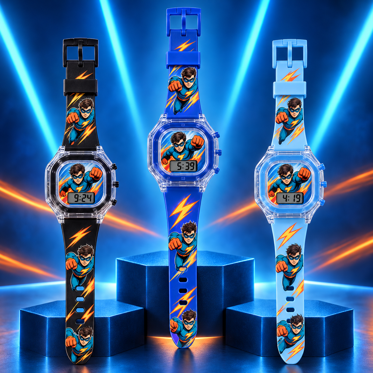 Kids Superhero Print Digital Watch with Transparent Square Case – 3 Colours
