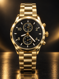 Gold-Tone Stainless Steel Analog Watch with Black Dial and Link Bracelet