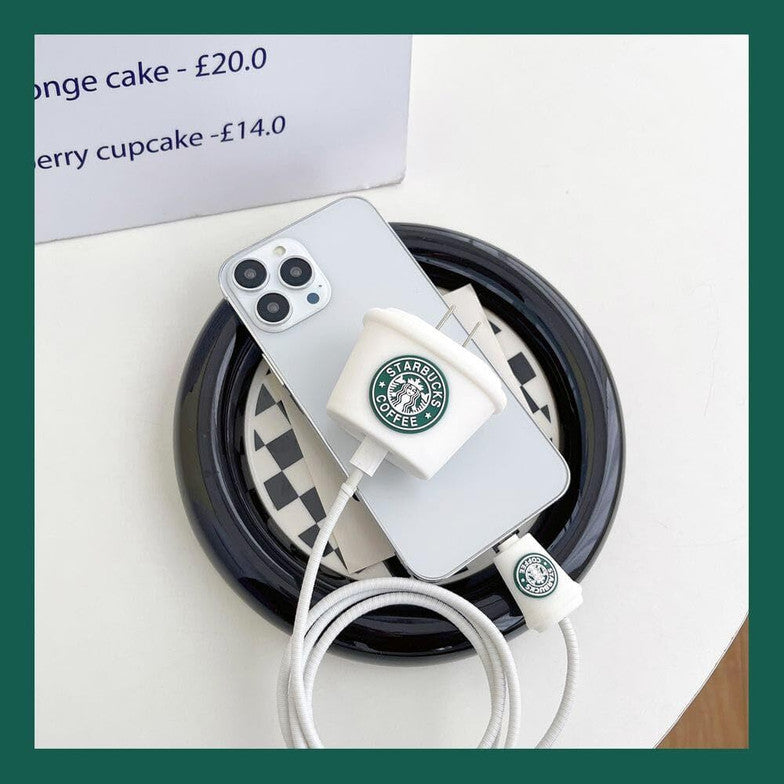 Starbucks Style iPhone Charger Cable Protective Cover 18w/20w case (coffee white)