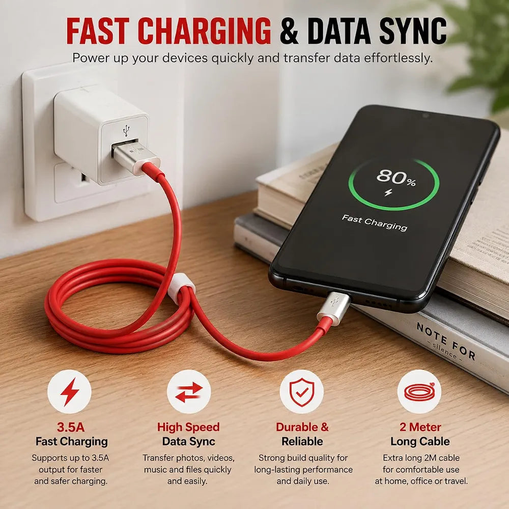 Micro USB Cable Type-B Connector 3.5A Fast Charging 2 Meter Red