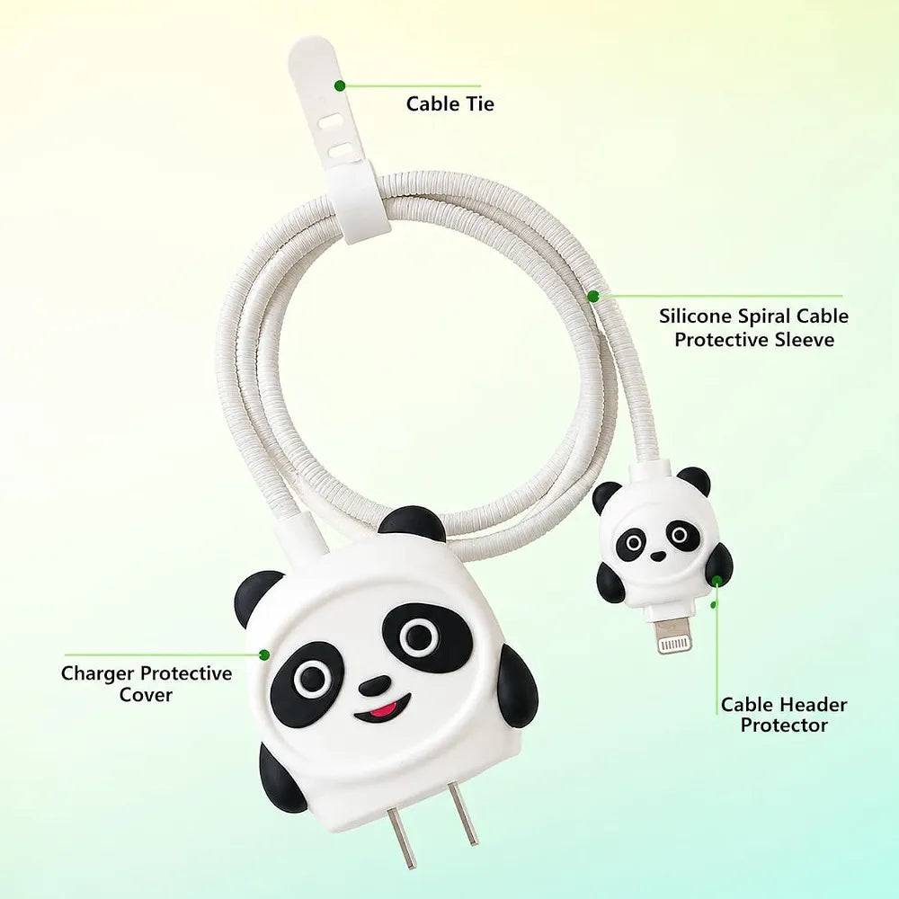 Cute Panda Cartoon Charger Cover Compatible with iPhone 18W/20W Charger, Silicone Protective Case with Cable Protector White