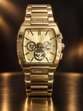 Gold-Tone Rectangular Analog Watch with Multi-Dial Design and Metal Bracelet