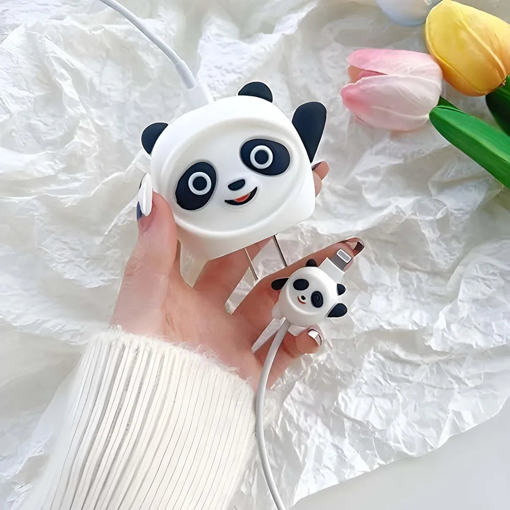 Cute Panda Cartoon Charger Cover Compatible with iPhone 18W/20W Charger, Silicone Protective Case with Cable Protector White