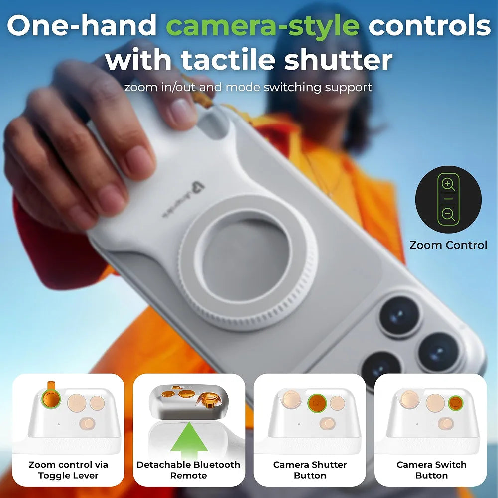 UltraProlink Snap-Z Grip|Magnetic Phone Camera Grip with Detachable Bluetooth Shutter & Zoom Control | MagSafe Compatible DSLR-Style Grip for iPhone & Android|Remote Selfie Shutter|UM1273|Wht