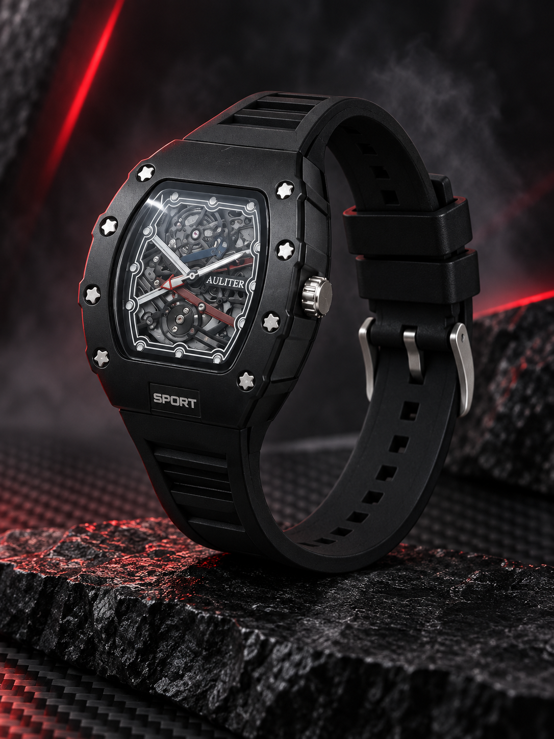 AULITER Men’s Black Tonneau Skeleton Dial Analog Sports Watch