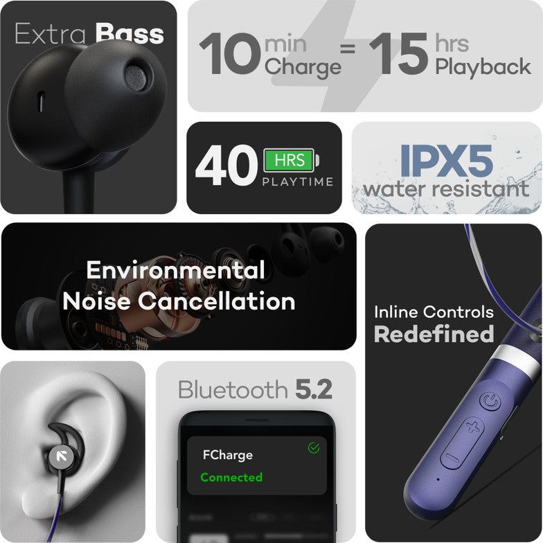 GOBOULT Fcharge with 40H Battery, ENC Mic, Fast Charging, Fast Pairing Bluetooth Headset (Blue, In the Ear)