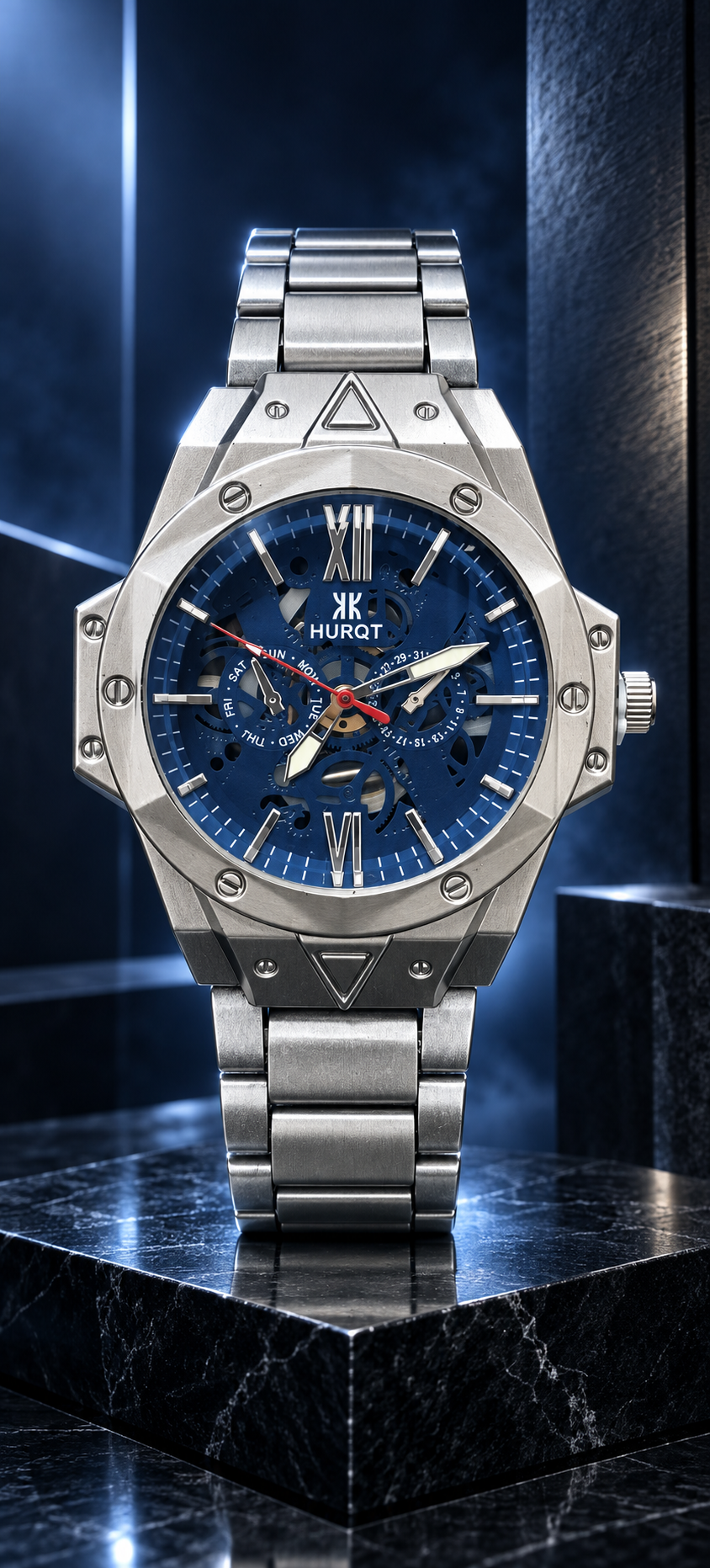 Men’s Silver  Steel Skeleton Dial Analog Watch – Blue