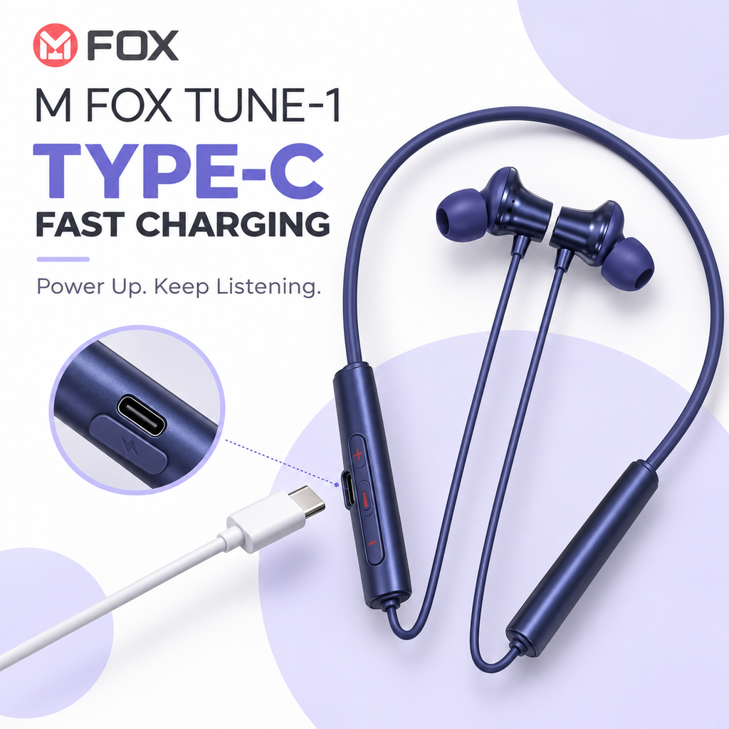 M FOX Tune-1 Wireless Neckband with 60 Hours Playtime & Magnetic Earbuds – Blue