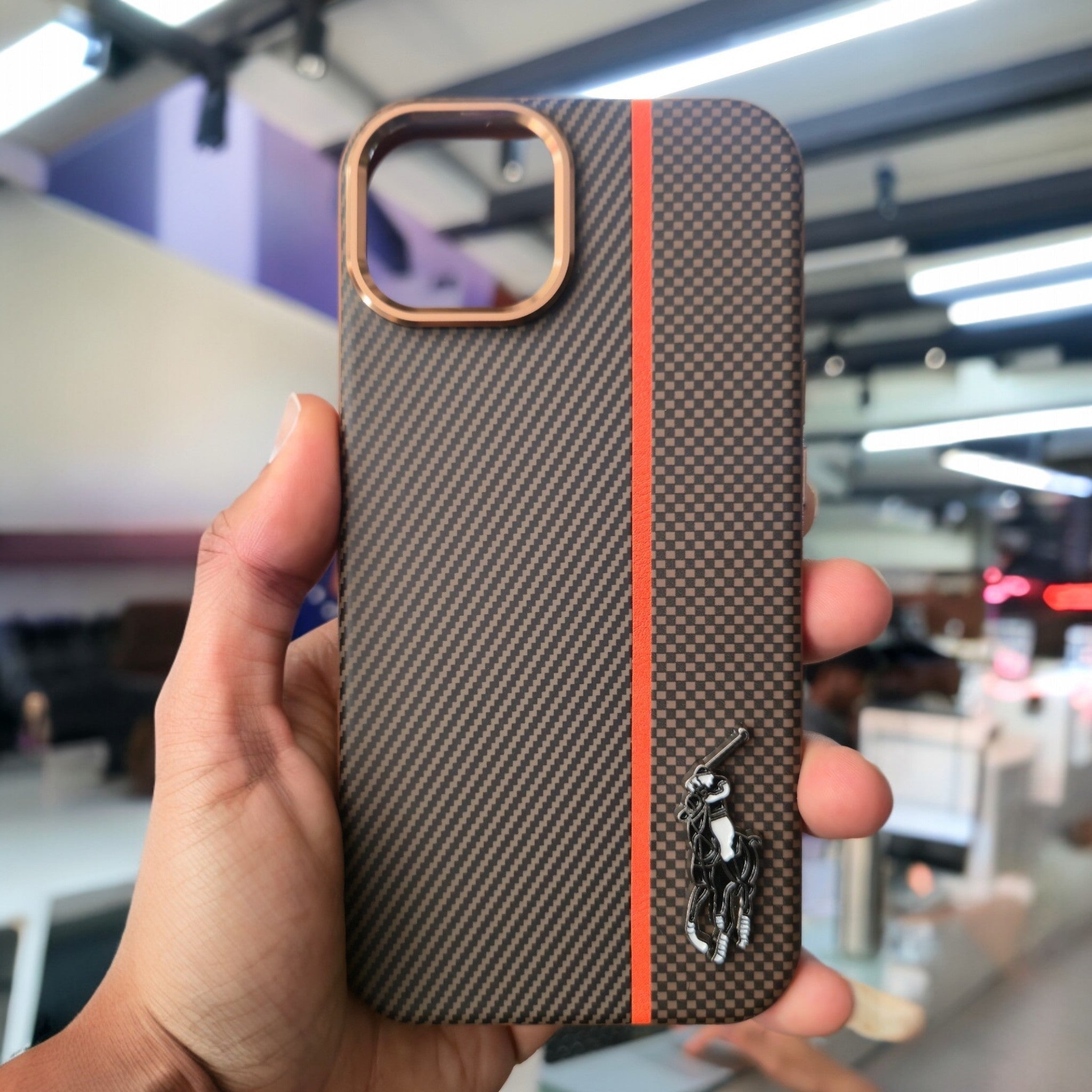 Premium Carbon Fiber Leather Texture Case  with Metal Polo Logo