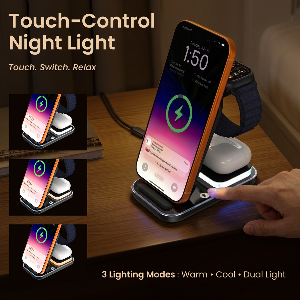 PORTRONICS TriCharge Ultra
3-in-1 Phone, Watch & Earbuds Charging | 15W Qi certified Fast Charging| Case-Friendly & Type-C Powered | Touch-Control 3-Mode LED Night Light | Advanced Multi-layer protection|Black
