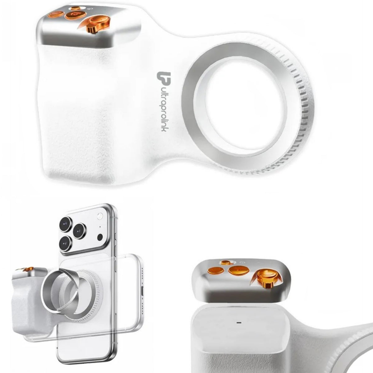 UltraProlink Snap-Z Grip|Magnetic Phone Camera Grip with Detachable Bluetooth Shutter & Zoom Control | MagSafe Compatible DSLR-Style Grip for iPhone & Android|Remote Selfie Shutter|UM1273|Wht
