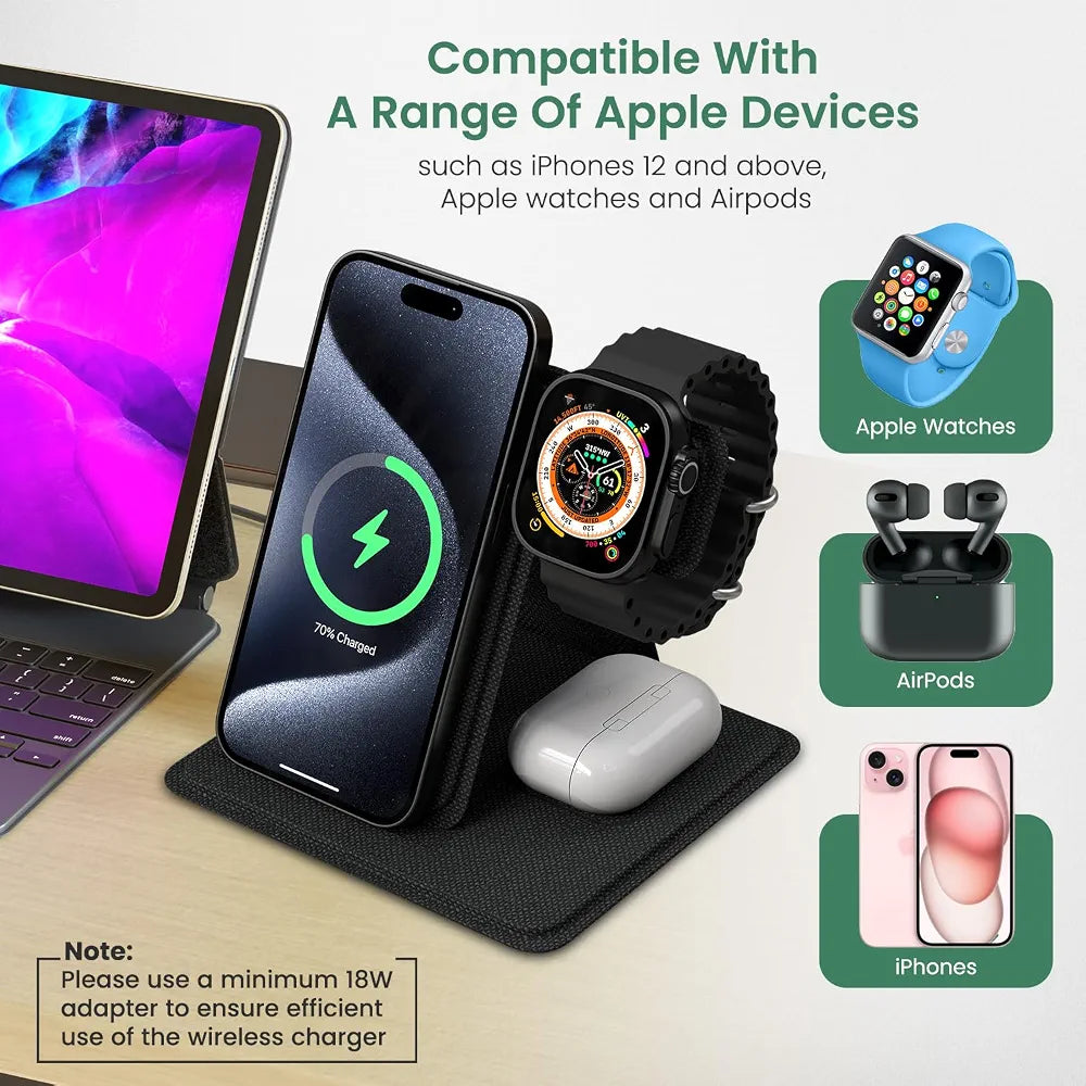 Portronics Freedom Fold 3 15W 3 in 1 Foldable MagSafe Compatible Wireless Charger for iPhone 12 & Above Series, Apple Watches & AirPods with Premium PU Leather, 1M Type C Charging Cable(Black)