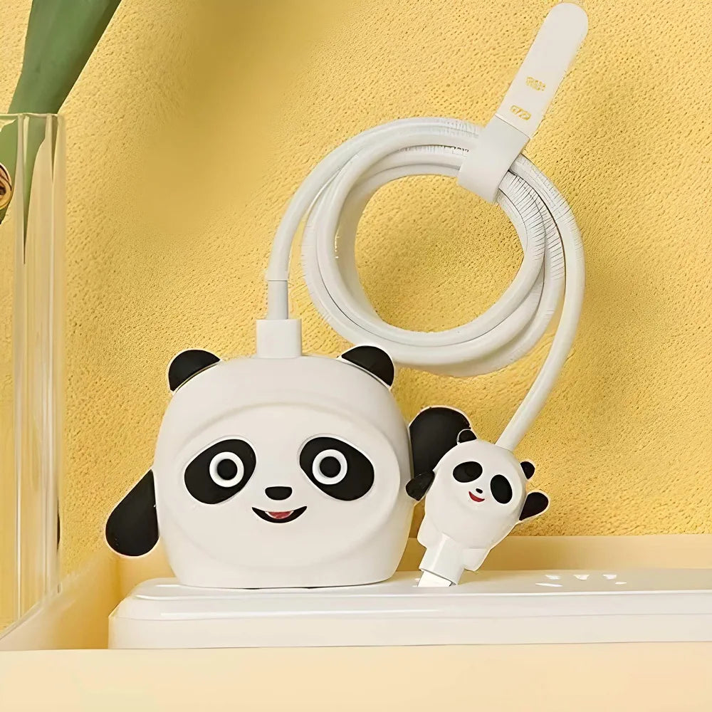 Cute Panda Cartoon Charger Cover Compatible with iPhone 18W/20W Charger, Silicone Protective Case with Cable Protector White