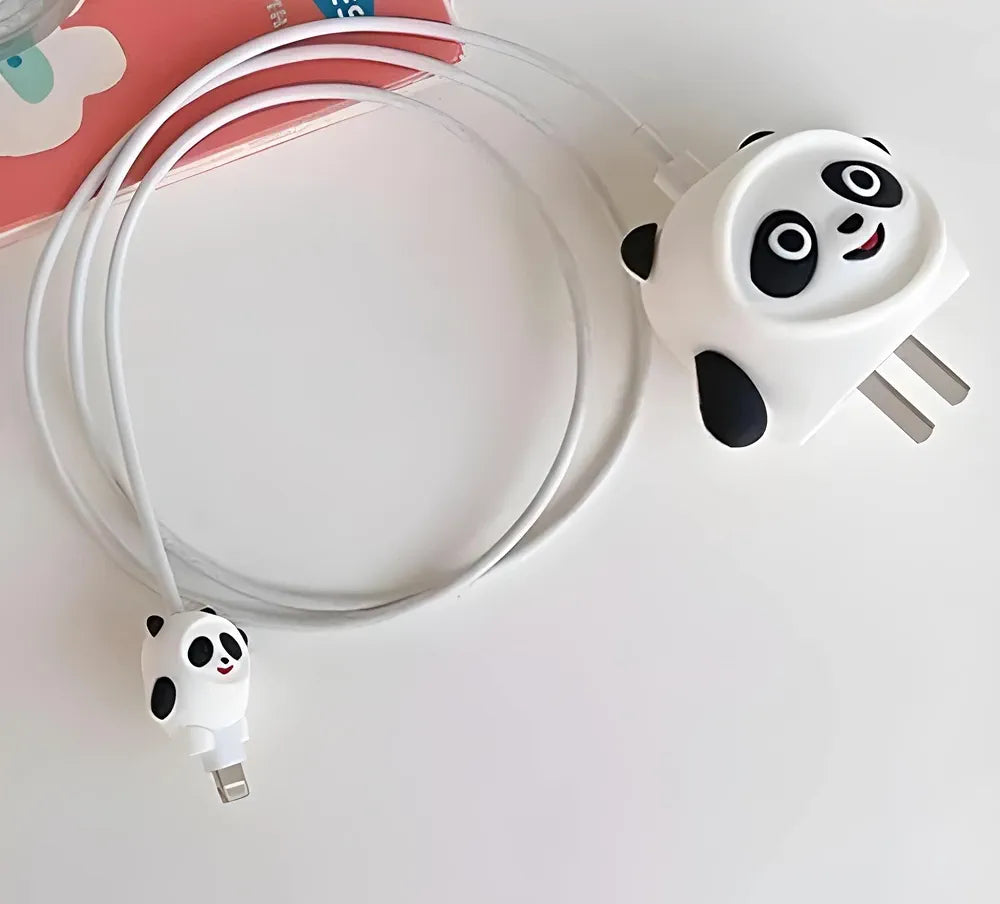 Cute Panda Cartoon Charger Cover Compatible with iPhone 18W/20W Charger, Silicone Protective Case with Cable Protector White