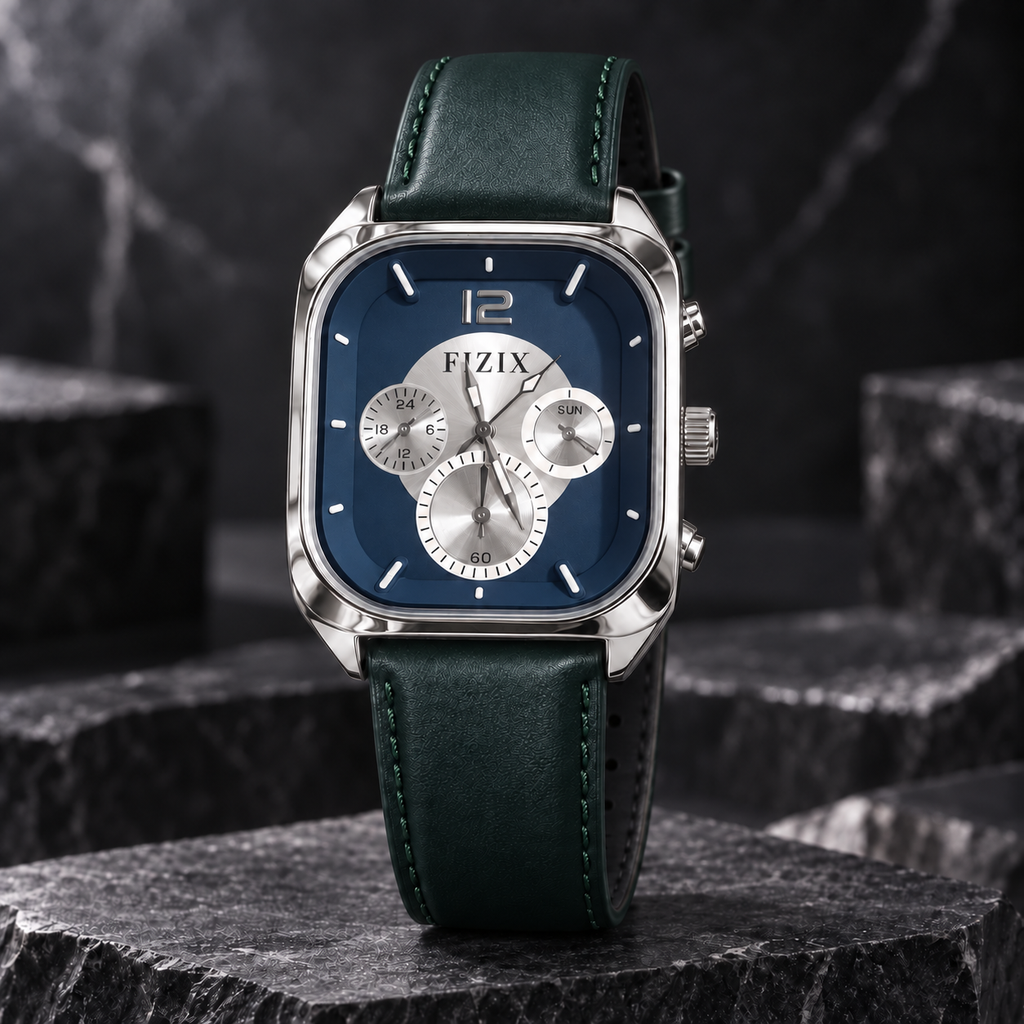 FIZIX Premium Square Dial Analog Watch with Leather Strap – 4 Colour Variants