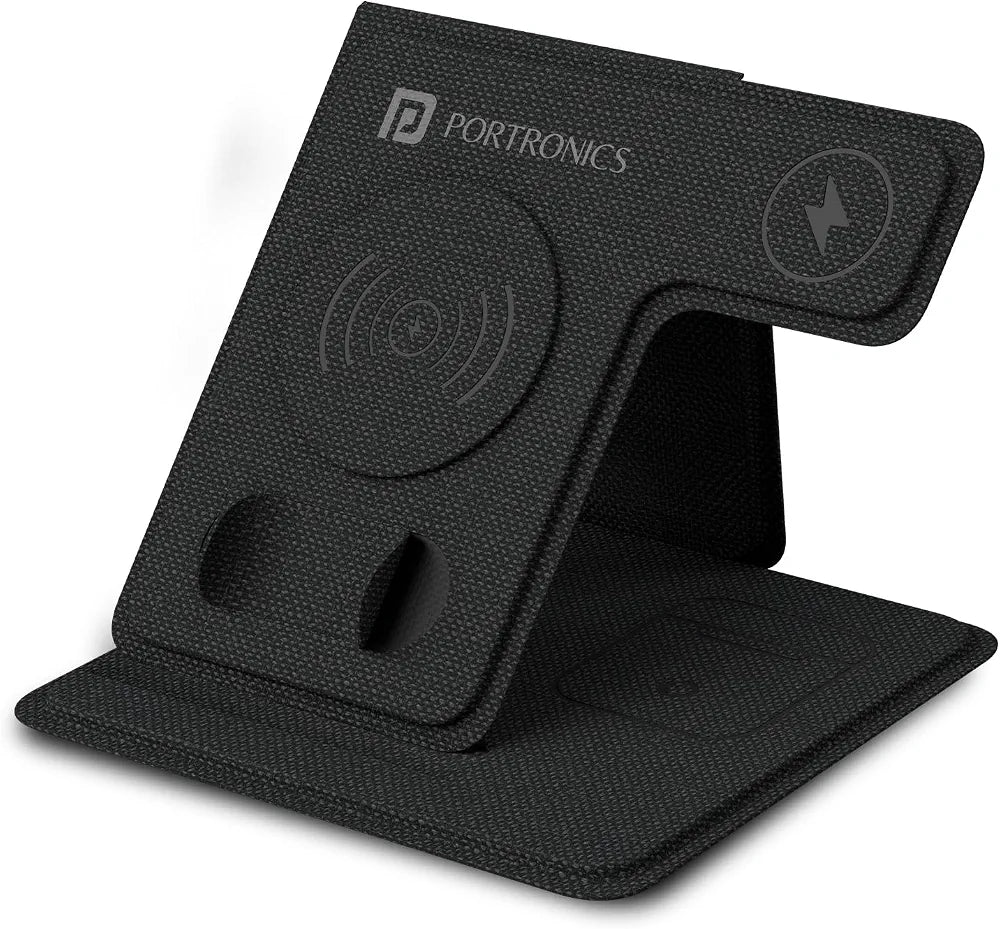 Portronics Freedom Fold 3 15W 3 in 1 Foldable MagSafe Compatible Wireless Charger for iPhone 12 & Above Series, Apple Watches & AirPods with Premium PU Leather, 1M Type C Charging Cable(Black)