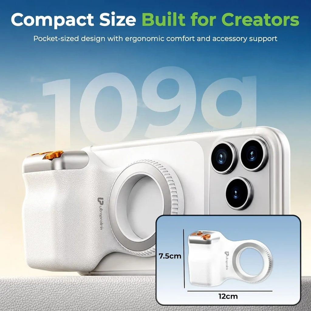 UltraProlink Snap-Z Grip|Magnetic Phone Camera Grip with Detachable Bluetooth Shutter & Zoom Control | MagSafe Compatible DSLR-Style Grip for iPhone & Android|Remote Selfie Shutter|UM1273|Wht