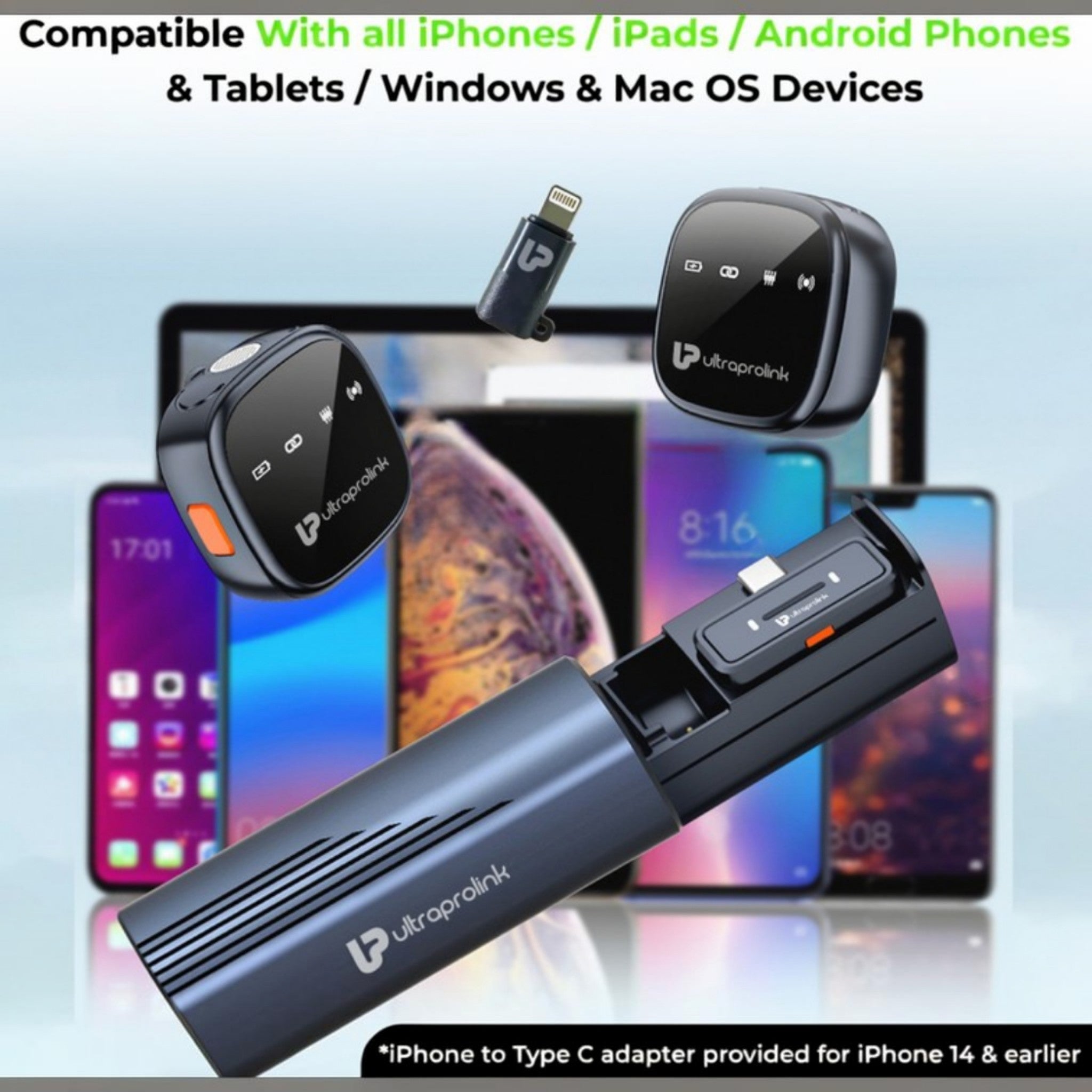 Ultraprolink Sonic Pro Dual Wireless Microphone, AI Noise Reduction, Echo Mode, 98ft Range Microphone