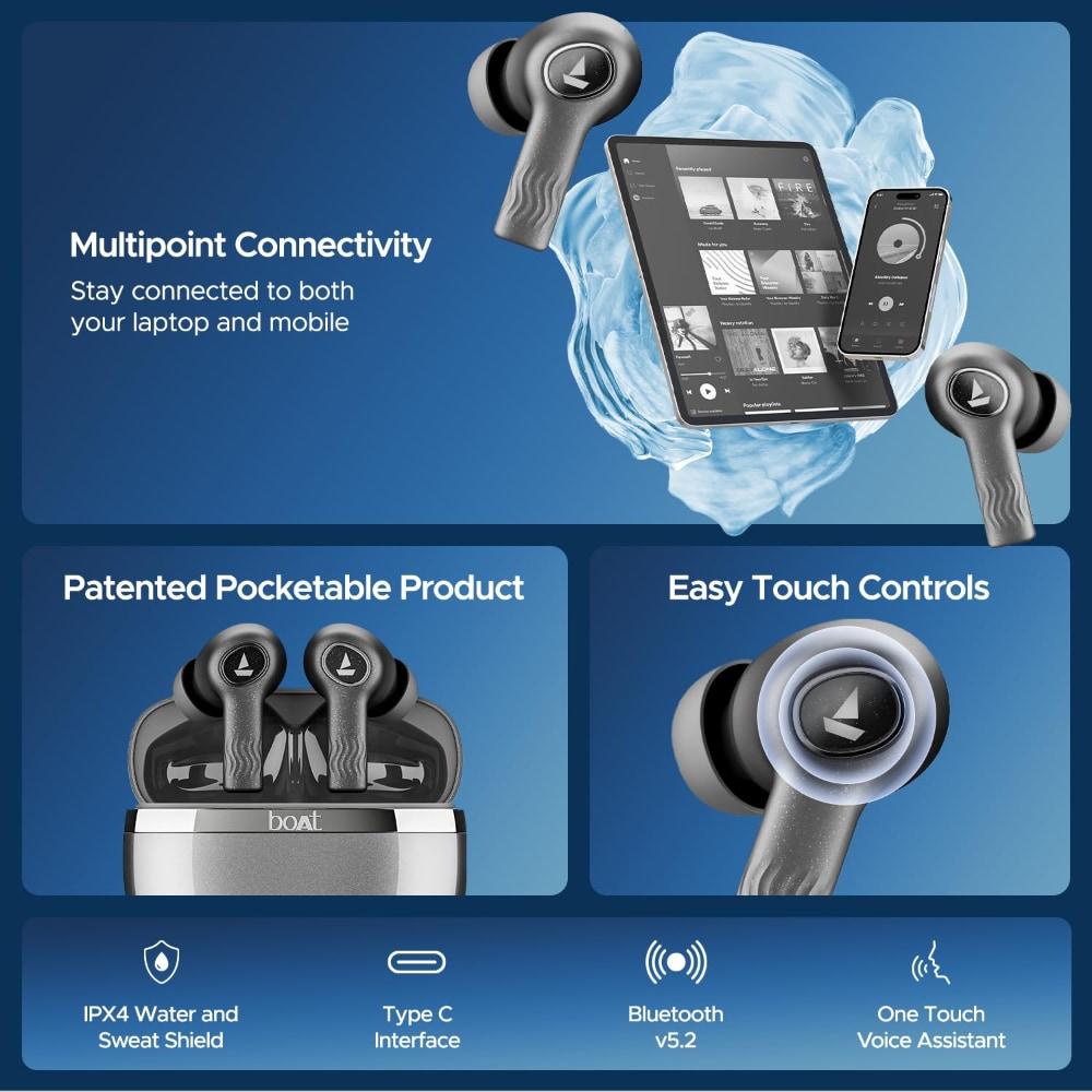 boAt Nirvana Iris Truly Wireless Earbuds, Up to 32 dB Active Noise Cancellation,120 Hrs Playback,Crystal Bionic Sound Powered by HiFi,Beast Mode,ENx Tech,Hearables App (Crystal Black)