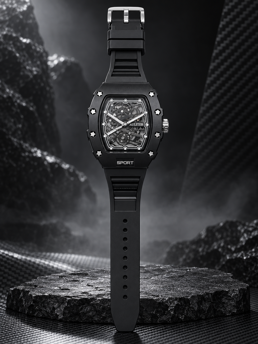 AULITER Men’s Black Tonneau Skeleton Dial Analog Sports Watch