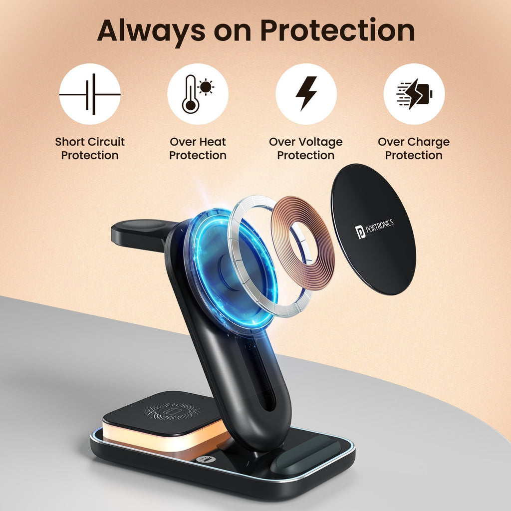 PORTRONICS TriCharge Ultra
3-in-1 Phone, Watch & Earbuds Charging | 15W Qi certified Fast Charging| Case-Friendly & Type-C Powered | Touch-Control 3-Mode LED Night Light | Advanced Multi-layer protection|Black