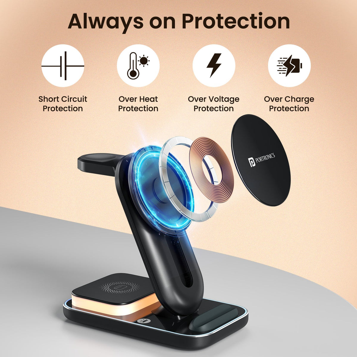 PORTRONICS TriCharge Ultra
3-in-1 Phone, Watch & Earbuds Charging | 15W Qi certified Fast Charging| Case-Friendly & Type-C Powered | Touch-Control 3-Mode LED Night Light | Advanced Multi-layer protection|Black