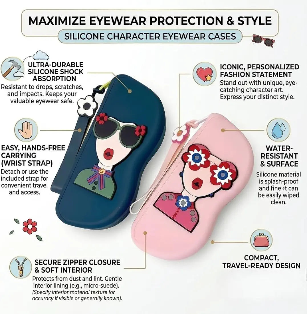 Cute 3D Quirky Girl Silicone Sunglass Case with Wrist Strap & Charm