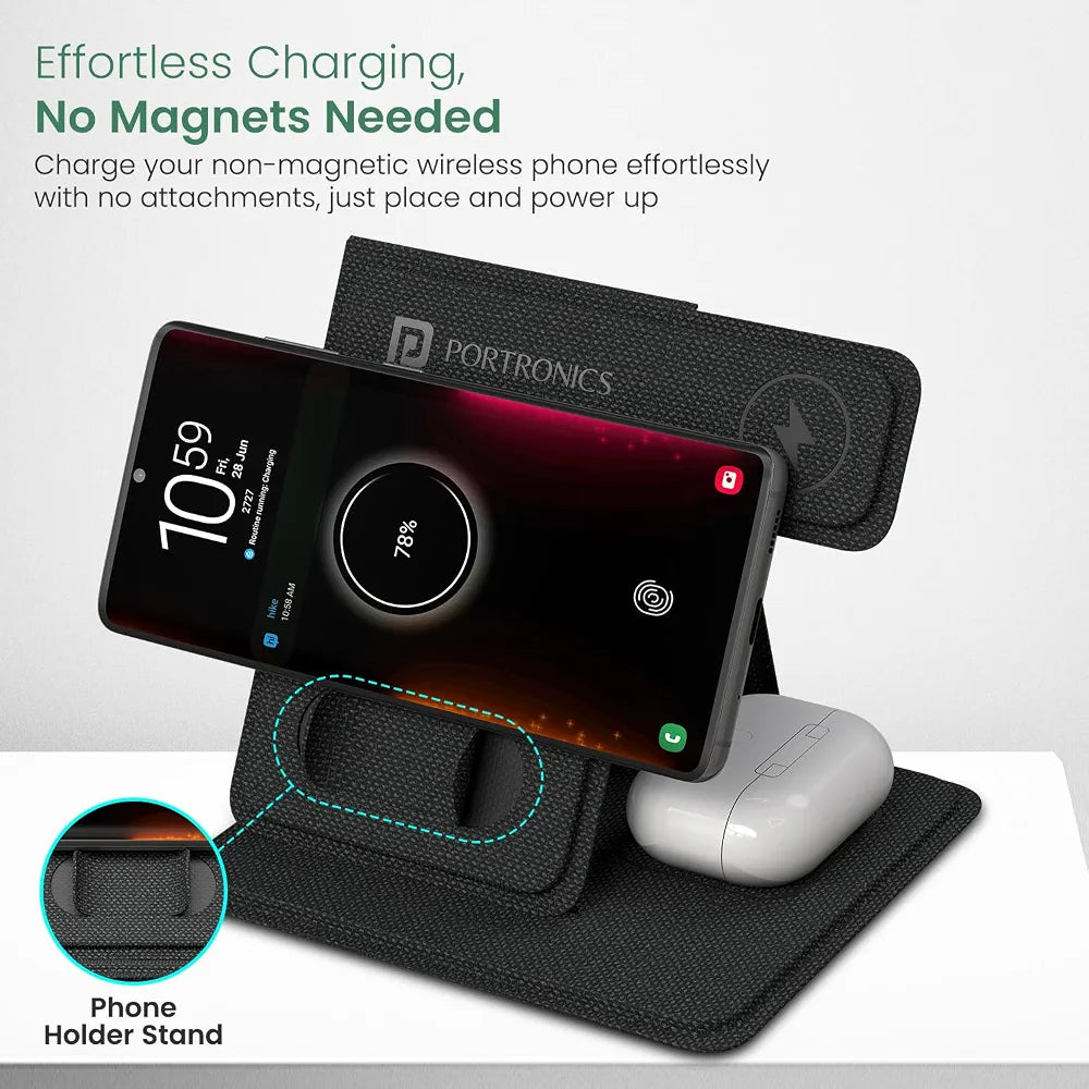 Portronics Freedom Fold 3 15W 3 in 1 Foldable MagSafe Compatible Wireless Charger for iPhone 12 & Above Series, Apple Watches & AirPods with Premium PU Leather, 1M Type C Charging Cable(Black)