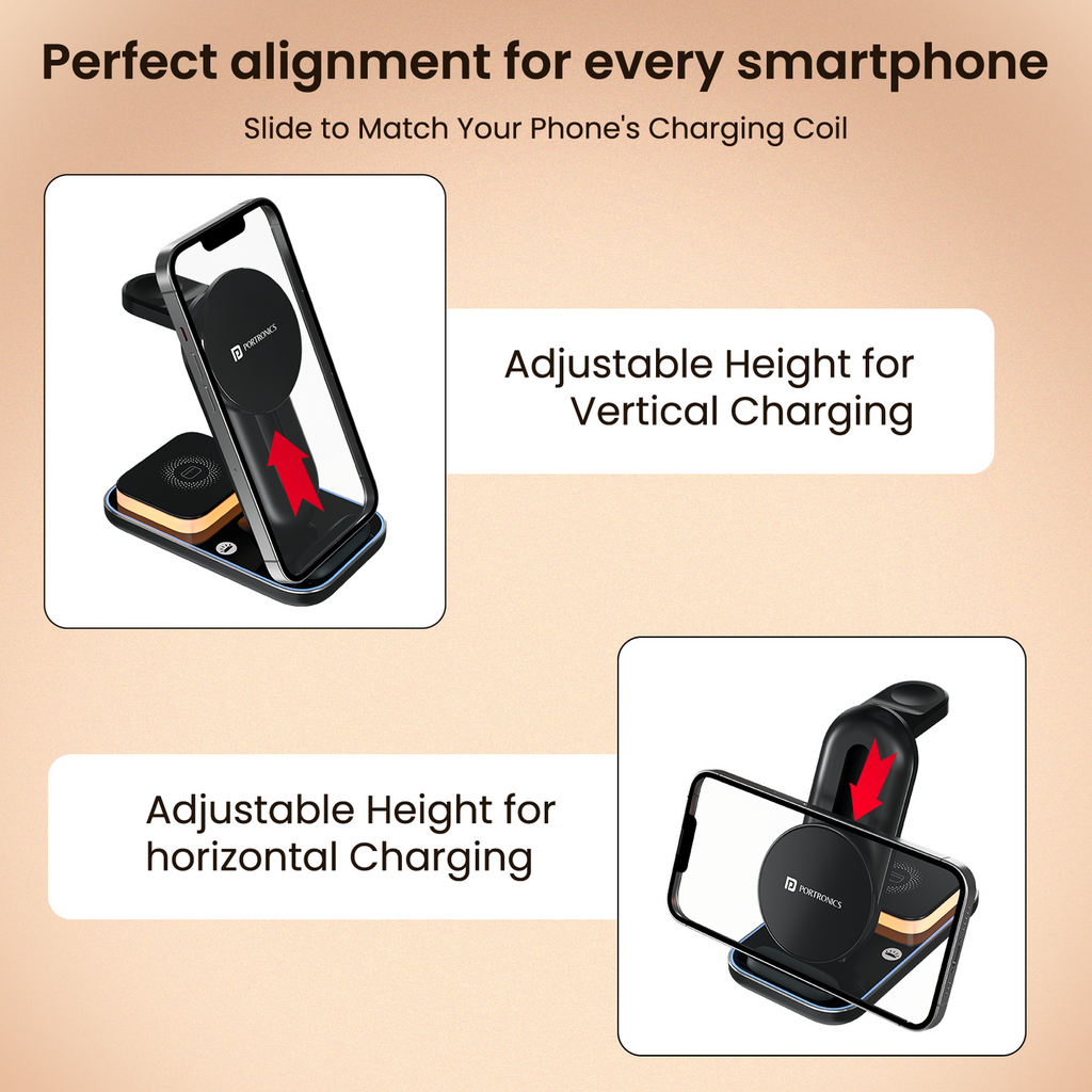 PORTRONICS TriCharge Ultra
3-in-1 Phone, Watch & Earbuds Charging | 15W Qi certified Fast Charging| Case-Friendly & Type-C Powered | Touch-Control 3-Mode LED Night Light | Advanced Multi-layer protection|Black