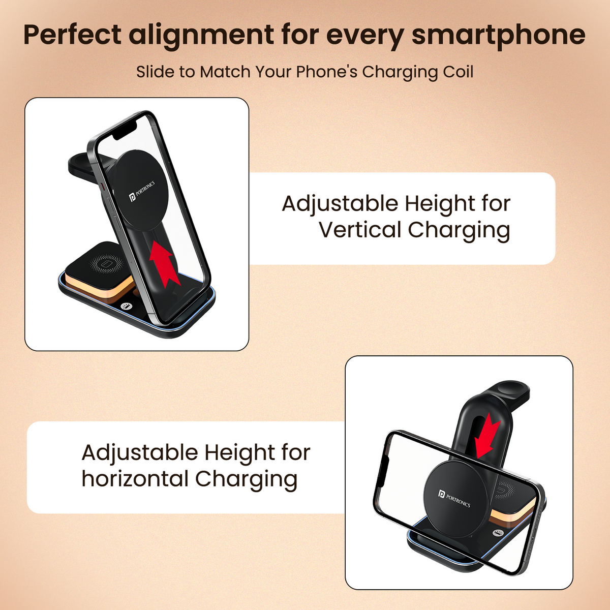PORTRONICS TriCharge Ultra
3-in-1 Phone, Watch & Earbuds Charging | 15W Qi certified Fast Charging| Case-Friendly & Type-C Powered | Touch-Control 3-Mode LED Night Light | Advanced Multi-layer protection|Black